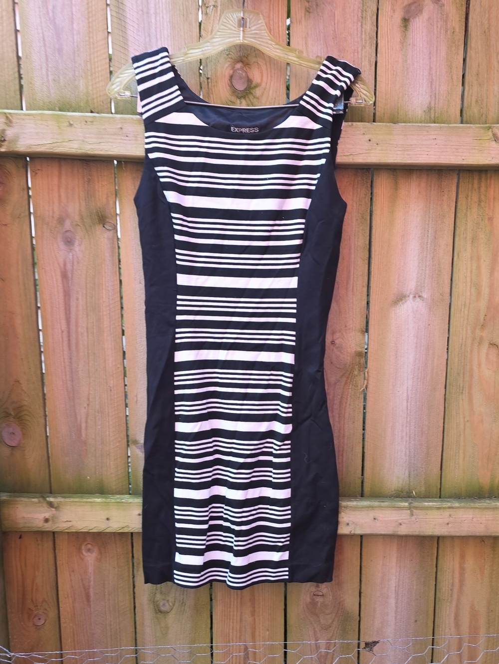Express Black and White Striped Sheath Dress with Side Panels